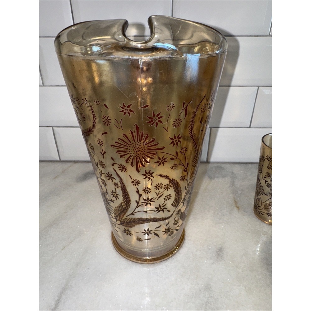 VtgJeanette Marigold Carnival Glass Cosmos Pitcher /6 Glasses 1950's MCMGW0051 - Picture 10 of 14
